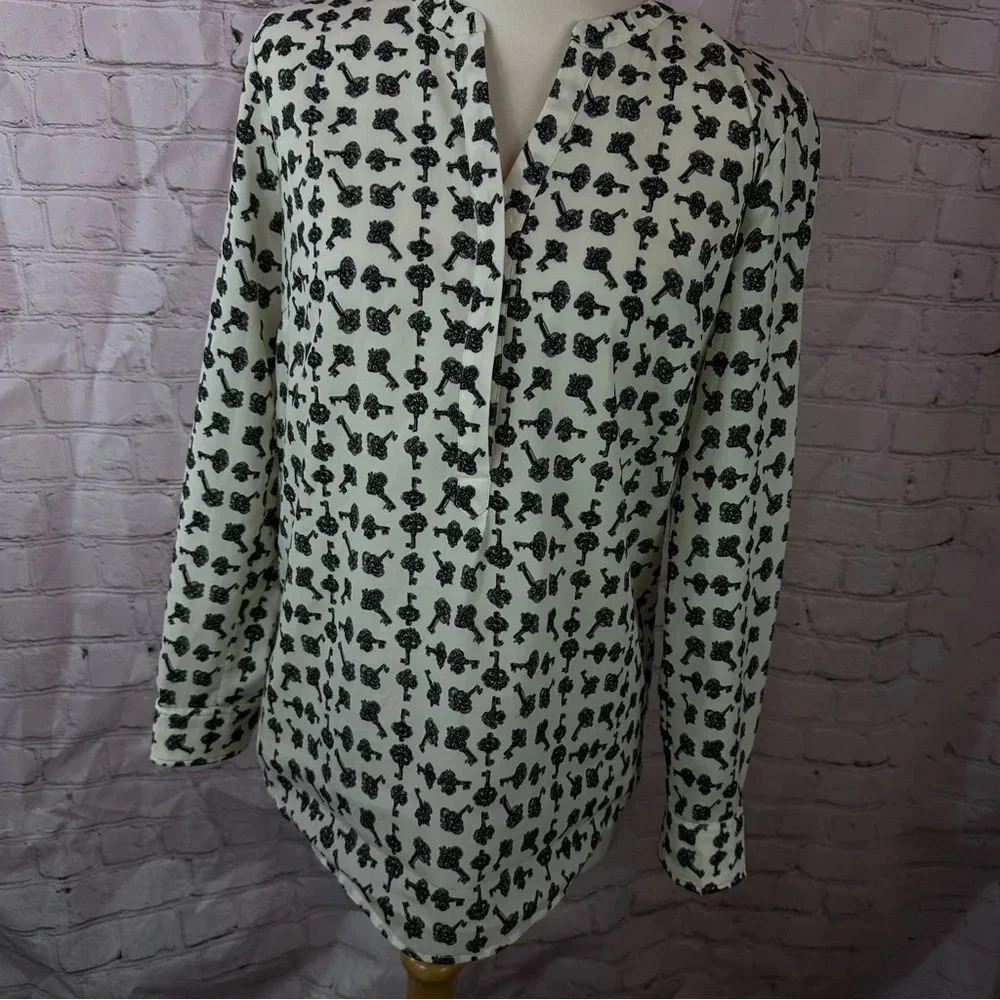 talbots petites tunic blouse sz 8P vintage key print long sleeve business office